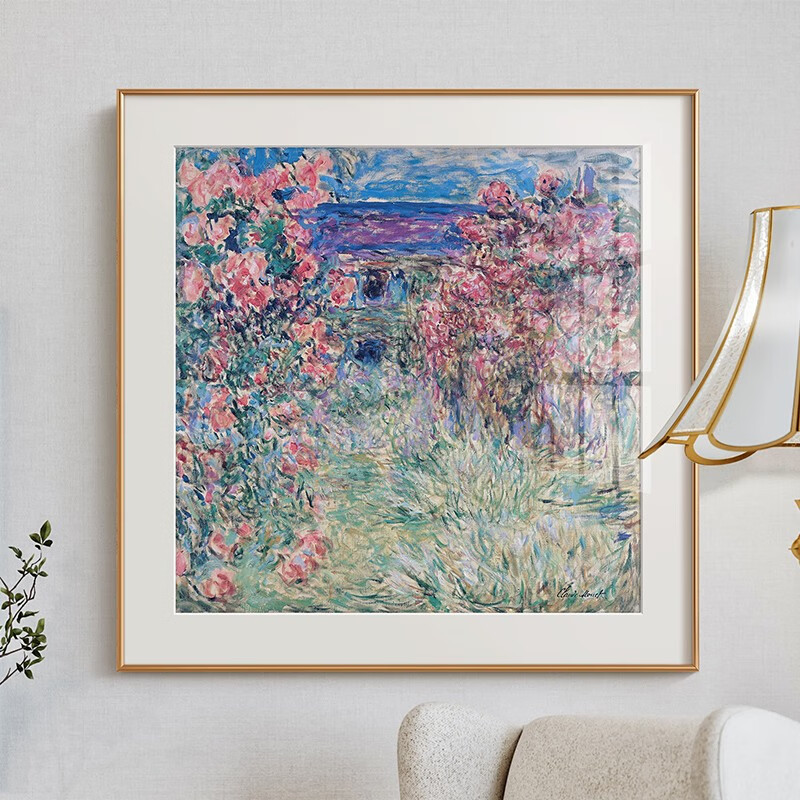简约法式轻奢客厅玄关背景墙装饰画美式卧室餐厅挂画莫奈玫瑰园 金色