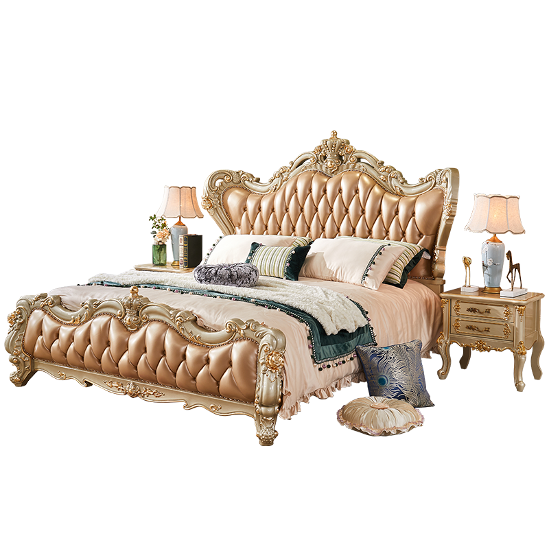 【5折】梦美斯宣 床 欧式全实木头层真皮双人床 高端香槟金别墅卧室家具手工雕花大床 BZ-B968 1.8米实木床