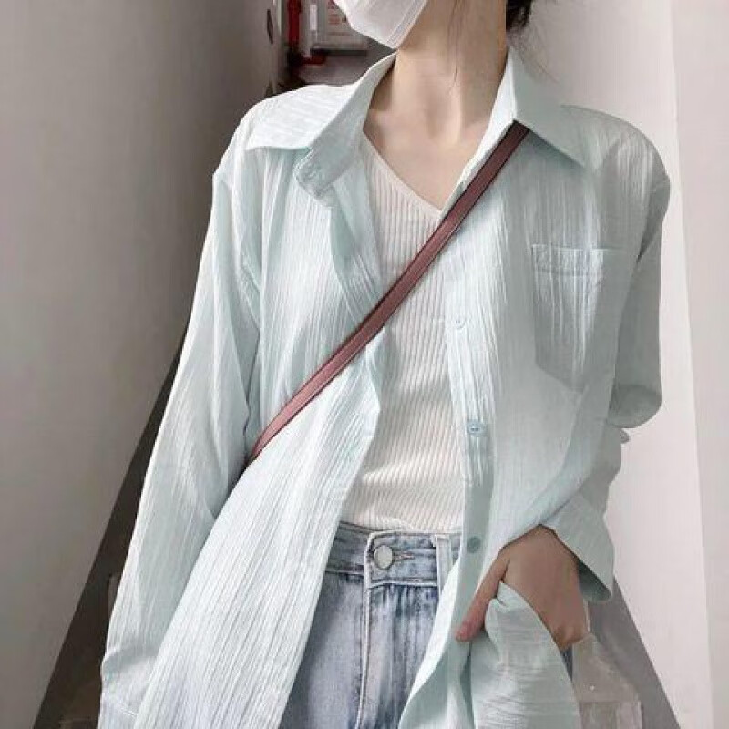 薇靡雅（WEIMIYA）长袖薄款防晒条纹衬衫上衣女设计感夏季宽松衬衣外套 水蓝色 均码80-140斤