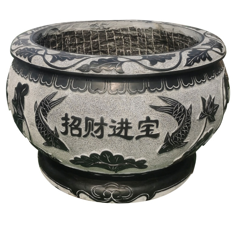 石雕魚(yú)缸花盆青石石缸庭院水缸養(yǎng)魚(yú)池仿古造景石槽室外水景裝飾 A款圓缸直徑80高60(不)
