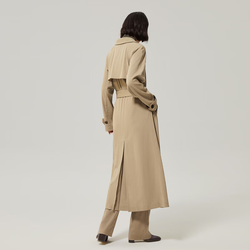 OVV秋冬热卖女装醋酸羊毛混纺双排扣腰带长款风衣 卡其A3 L