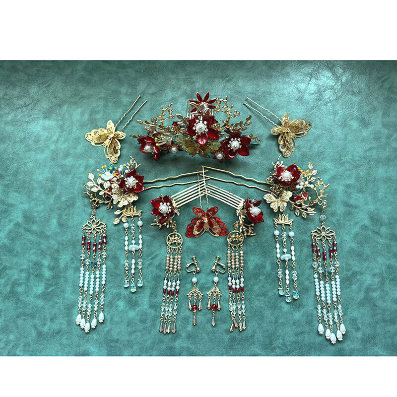 全套中式简约对钗步摇龙凤褂凤冠新娘结婚古典婚礼配饰品 原版九件套