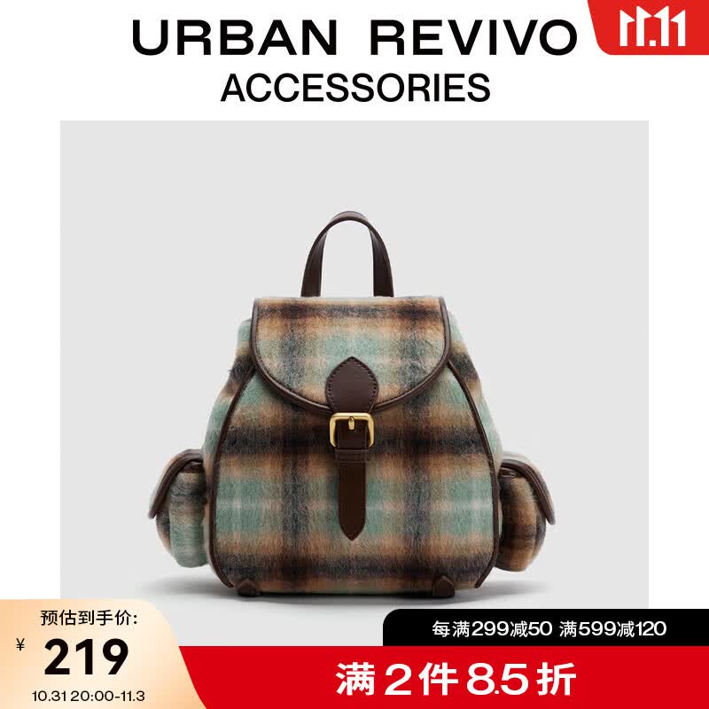 URBAN REVIVO2023秋冬女时尚复古学院风绒面双肩包UAWB30126 白绿格子怎么样,好用不?