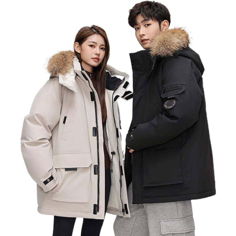 鸭鸭（YAYA）羽绒服男女同款2025冬季新款连帽时尚休闲加厚保暖工装毛领外套 黑色 S (165)