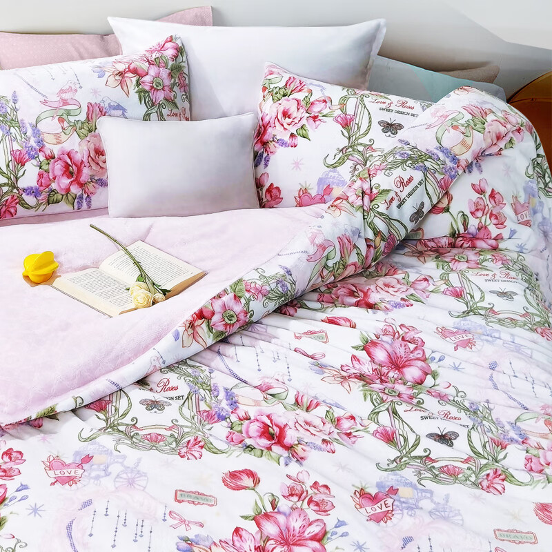 富安娜出品馨而乐牛奶绒四件套双人加厚加绒冬季法兰绒套件珊瑚绒被套 OT0001【细腻牛奶绒+防静电】 1.5米床四件套(被套203*229cm)