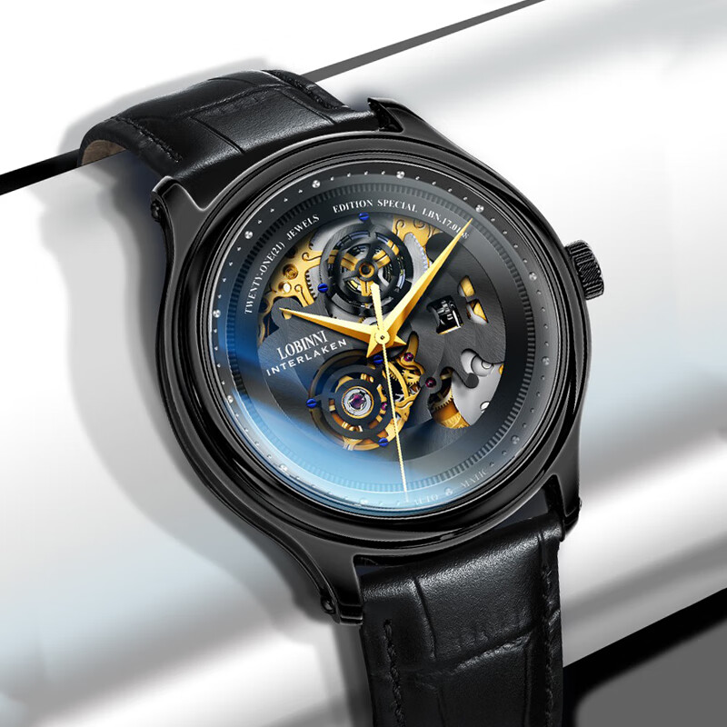 机械表时尚潮流镂空皮带防水瑞士风格学生腕表5025 [礼盒] 黑金【皮带