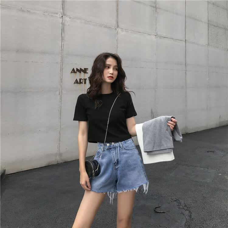 YOMC火cec纯色短袖T恤女短款露脐夏紧身泫雅风小众网红上衣服潮流款 短款[黑色] L