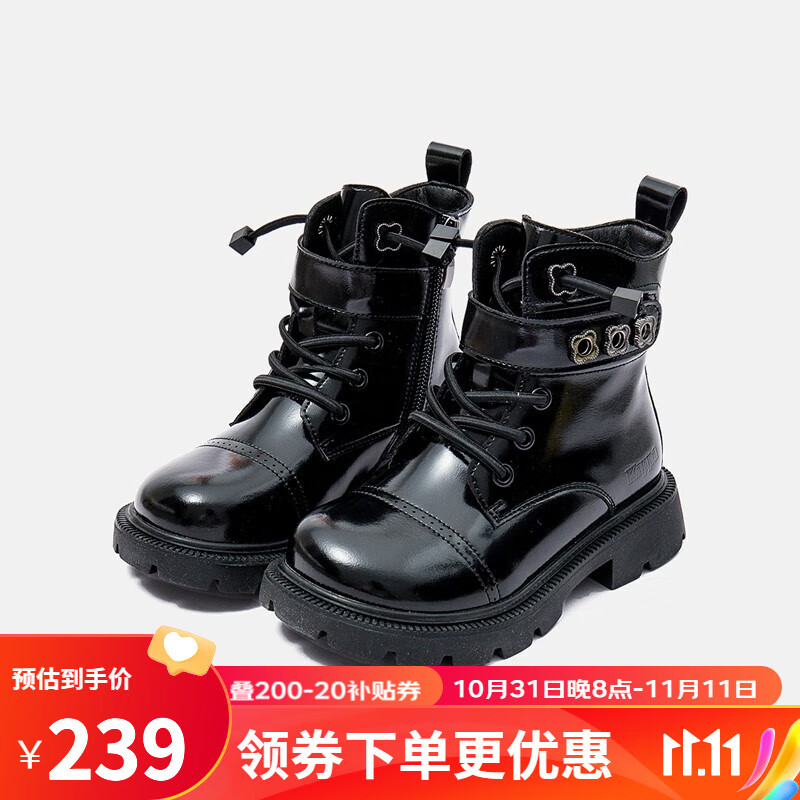 Kappa Kids卡帕童鞋女童马丁靴2023冬季新款时尚女孩英伦风短靴儿童加绒皮靴 011-黑色 33适合脚长206mm高性价比高么？