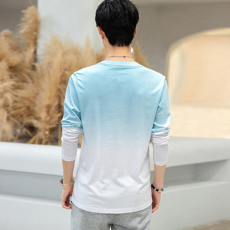 TEEK渐变长袖t恤男装春秋款上衣服 秋冬季男士秋装体恤休闲印花打底衫 JAC5B蓝白色 M