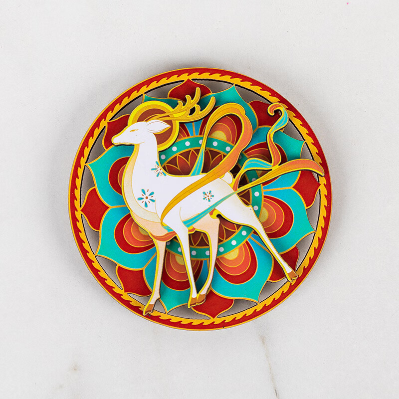 敦煌研究院敦煌九色鹿冰箱贴旋转可拉动木质立体磁铁莫高窟文创博物馆居家 天蓝色 旋转三兔飞天 中