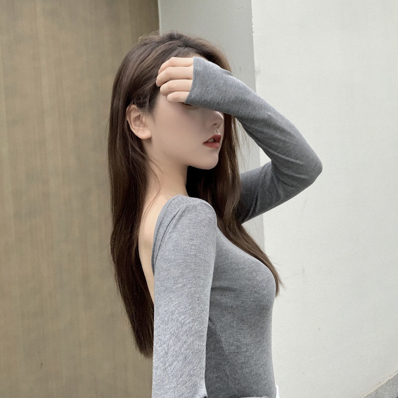 蓝骏启春秋ins网红主显瘦紧身性感风大露背短款长袖t恤女健身上衣潮 9