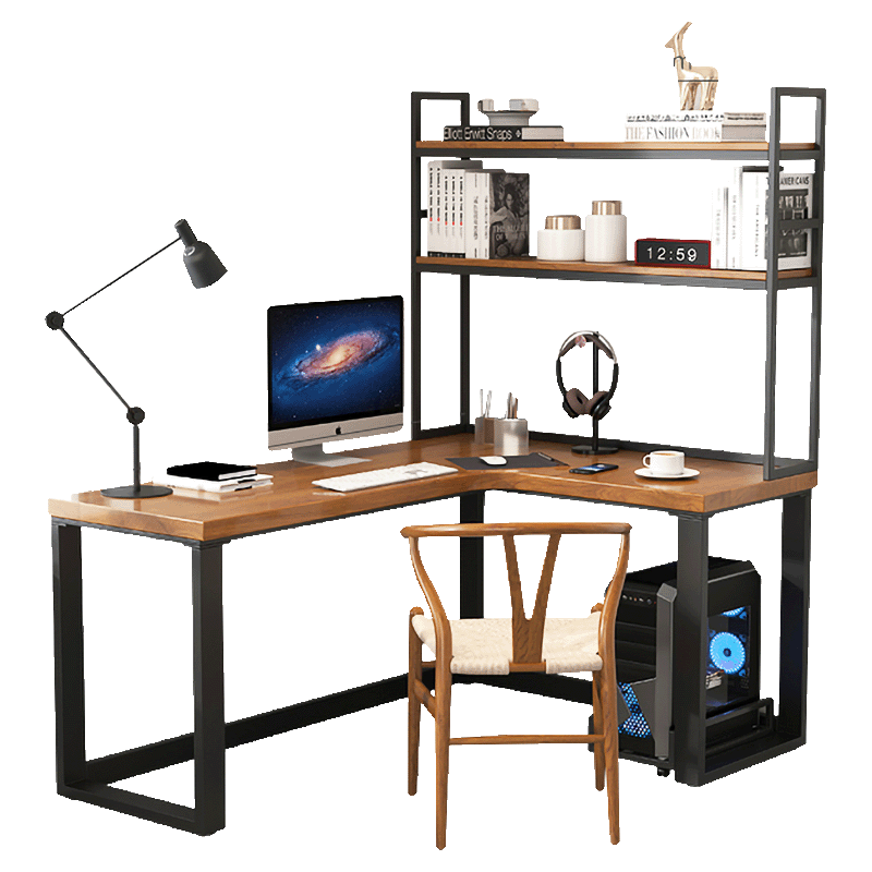 办公L型转角书桌小户型电脑台式桌实木拐角书桌带拐角的卧室 带层架长120转角80宽50(厚5cm)