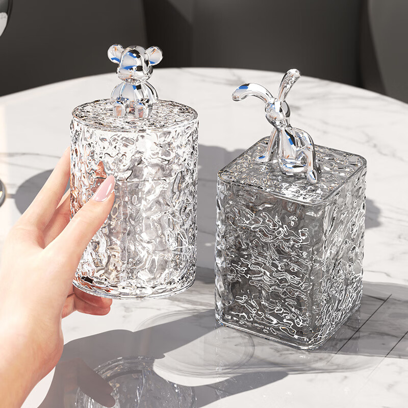 轻奢冰川纹牙签盒牙签筒家用防尘牙签罐牙线罐棉签收纳罐收纳盒 透明方形兔子款（1个装）