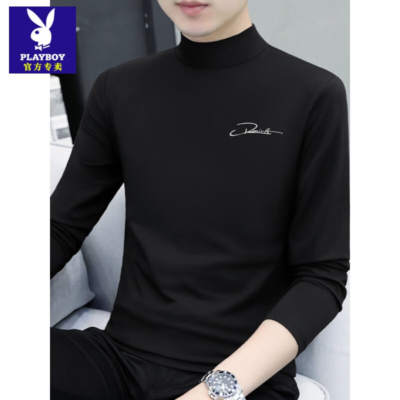 花花公子（PLAYBOY）莫代尔纯棉半高领长袖t恤男士秋装上衣秋冬打底衫内搭中领秋衣男 YPC6023黑色 XL 【建议130-145】