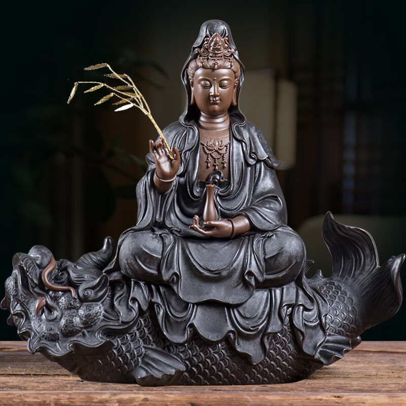 摆件鳌鱼家用佛堂办公室南海观世音摆件陶瓷人物装饰品 鳌鱼观音黑色