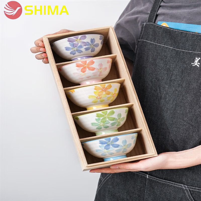 时马日本进口日式釉下彩五彩樱花饭碗日式陶瓷餐具套装家用小碗礼盒装 五彩樱花碗5个木盒