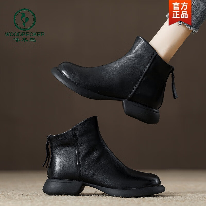 啄木鸟断码真皮复古后拉链马丁靴女单靴2026秋冬季新款短靴女 黑色单里 36