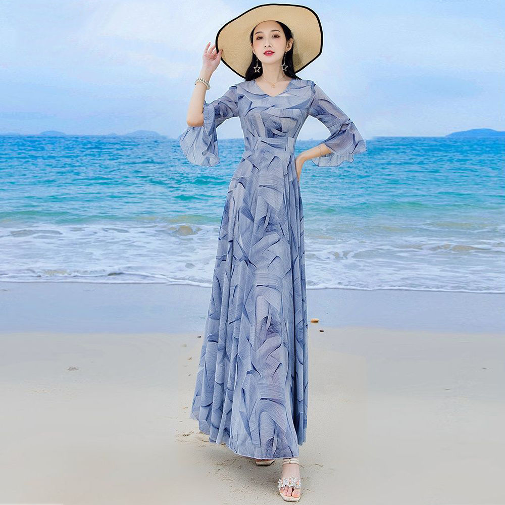 回倾长裙子连衣裙到脚踝高个子超长款夏季雪纺碎花中袖连衣裙女长款到