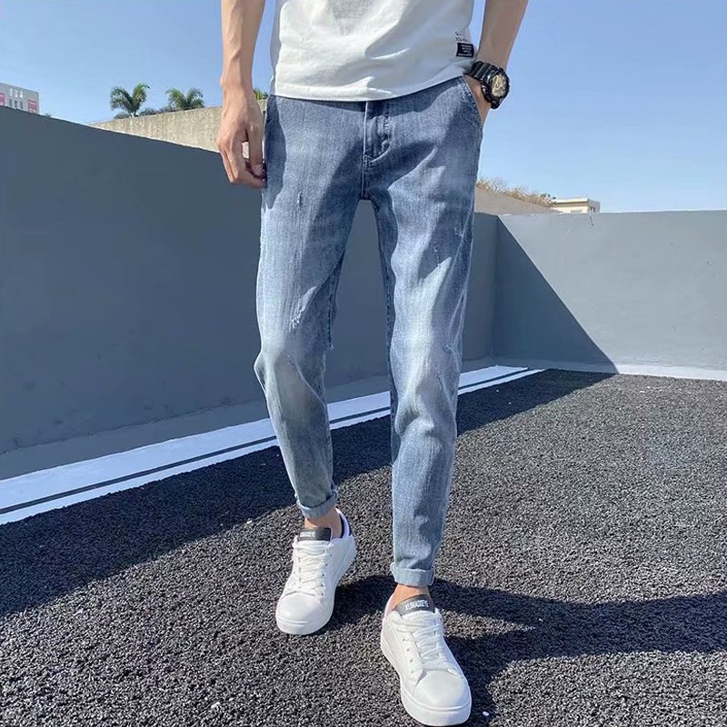2021年新款夏季薄款浅色九分牛仔裤男潮牌显瘦韩版潮修身小脚裤子