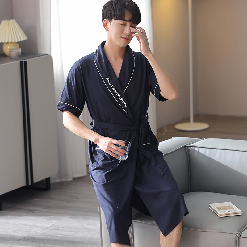 祁姿夏季男士浴袍纯棉短袖日式连体睡袍和服一体式中长款连体睡衣 nx8