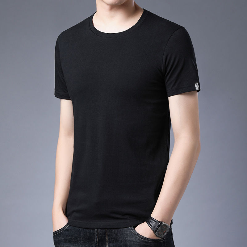 凡摩乔短袖t恤男春秋季圆领纯色宽松大码纯白黑体恤男半截袖 纯黑色 s