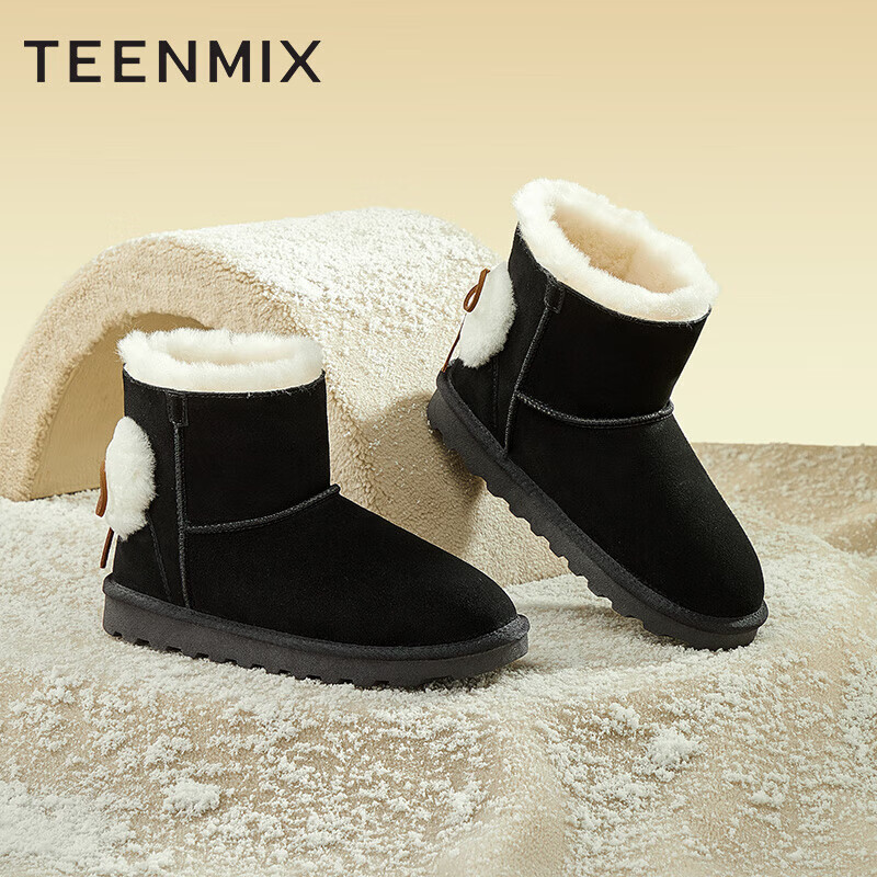 天美意（TEENMIX）雪地靴女冬季加绒加厚毛毛棉鞋女士东北短靴BF161DD2 黑色 35 