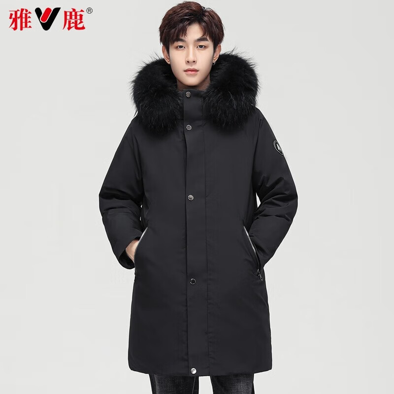雅鹿羽绒服男中长款秋冬连帽加厚貂子毛领保暖时尚休闲外套派克服男 黑色 3XL