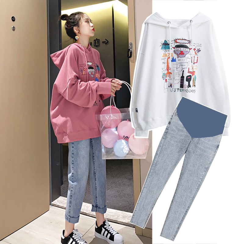 什靓孕妇装春秋套装上衣2022新款卫衣打底衫春季孕妈装连衣裙两件套 粉色上衣 XL