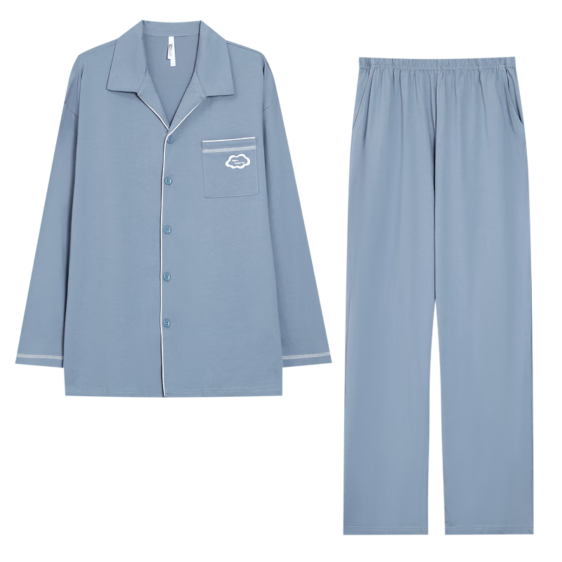 紅豆睡衣男純棉抑菌云朵簡約情侶開衫長袖家居服套裝