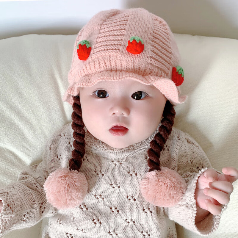 秋冬季宝宝帽子护耳毛线针织可爱假发婴幼儿套头保暖超萌防风加厚 三个草莓浅粉色-均码有弹性 参考年龄0-18个月（帽围46-48cm)