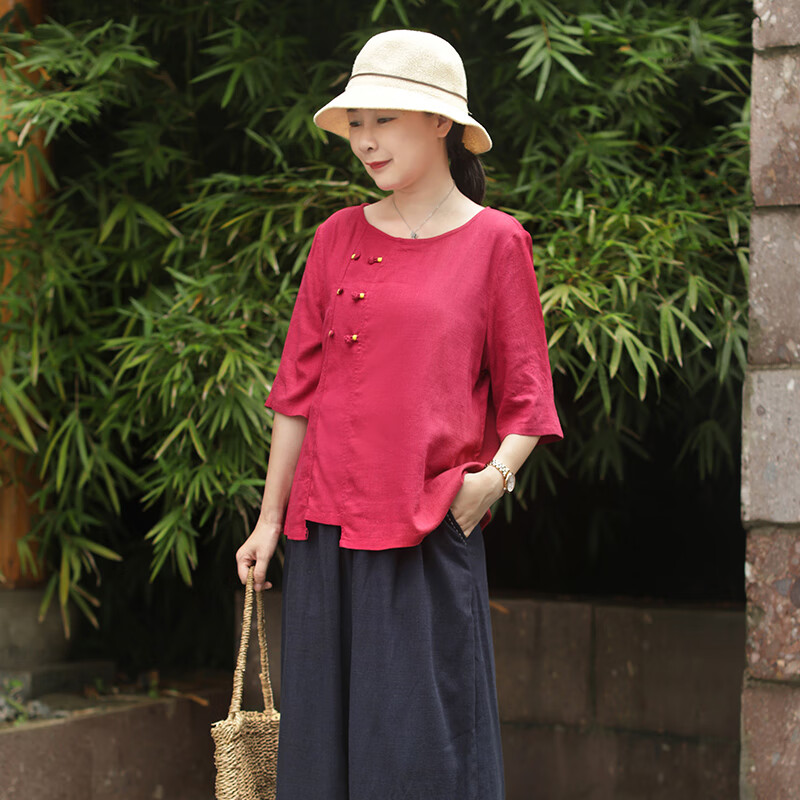 乱在江南复古民族风棉麻衬衫女夏季新品中式休闲原创设计上衣 玫红色