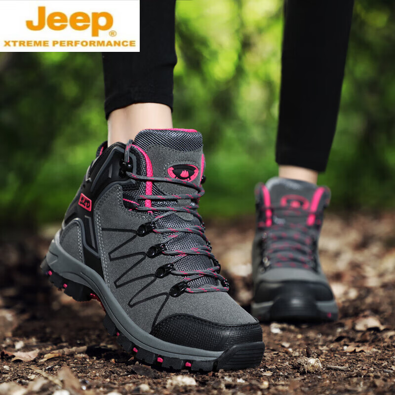 JEEP SPIRIT户外登山鞋女鞋防水防滑徒步鞋男爬山运动旅游鞋秋冬透气越野跑鞋 8017女深灰玫红（不加绒） 37