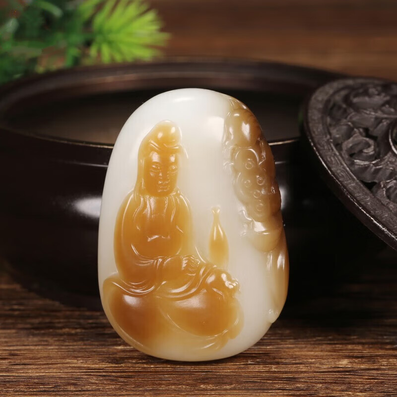 伊人意 新疆和田玉收藏级且末料莲花观音挂件男士款糖白羊脂白玉