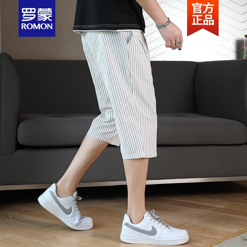 罗蒙ROMON品牌高端白色条纹7分短裤男士夏季ins潮流棉麻中裤薄款透气百搭休闲七分裤新品 白色 M