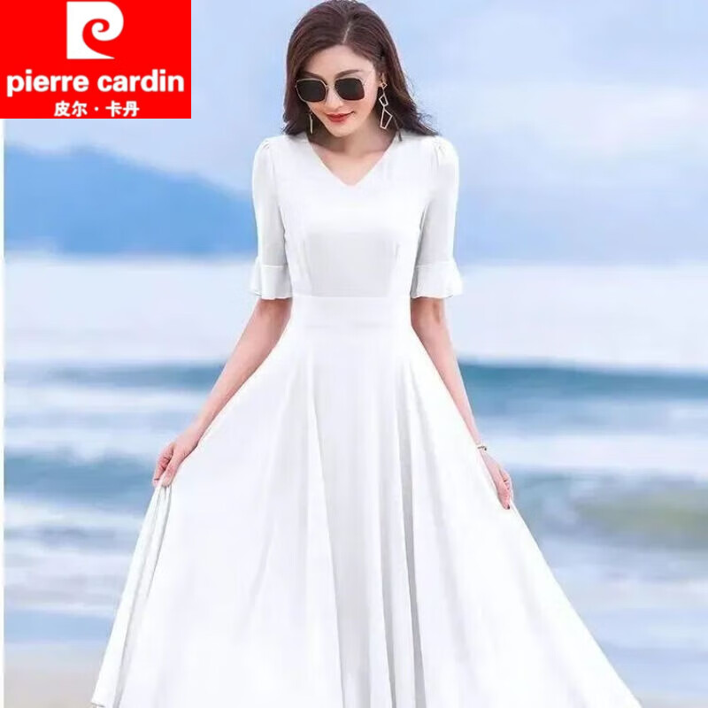 皮爾卡丹（pierre cardin）雙層大擺純色長袖中長款跳舞雪紡連衣裙過膝度假沙灘裙長裙 白色 L 建議105-115斤