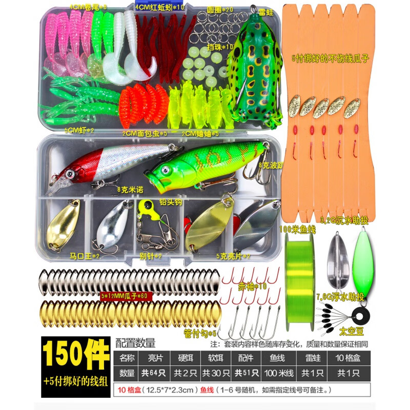 淡水海水假饵硬饵雷蛙马口瓜子亮片软饵米诺鱼饵 150件 5付绑好的线组