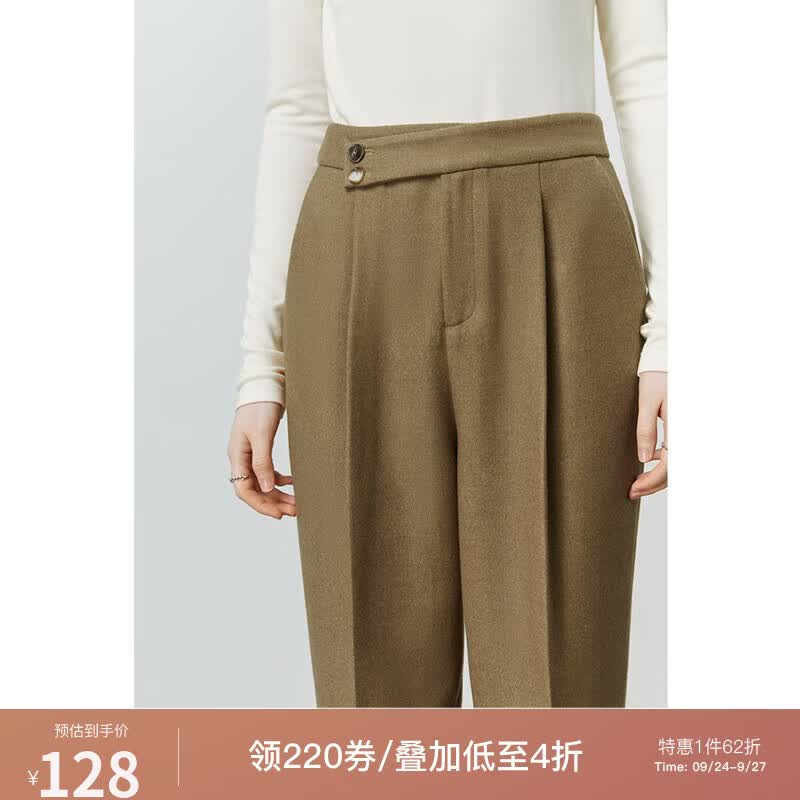 范思蓝恩22FS4526通勤百搭腰头小造型显瘦烟管锥形裤冬装新品 麦穗驼 L属于什么档次？