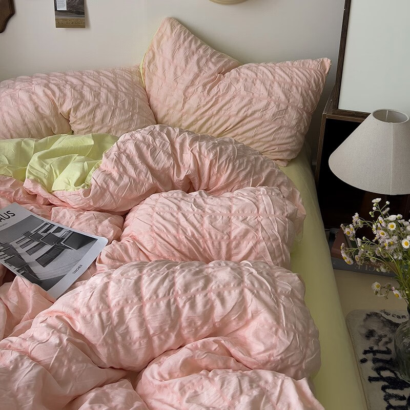 山头林村ins泡泡纱床单 ins风纯色泡泡纱学生宿舍三件套水洗棉床上