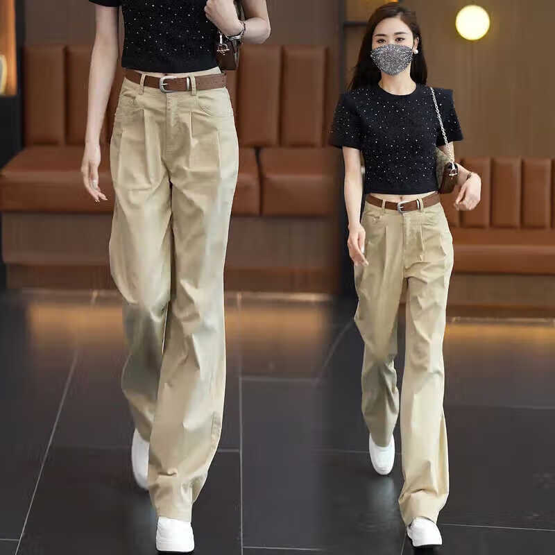 RAJKPOOR卡其色窄版阔腿裤女2026春秋新品高腰显瘦宽松休闲纯棉百搭直筒裤 卡其色《春秋款》-赠腰带 L /28(建议106-115斤)