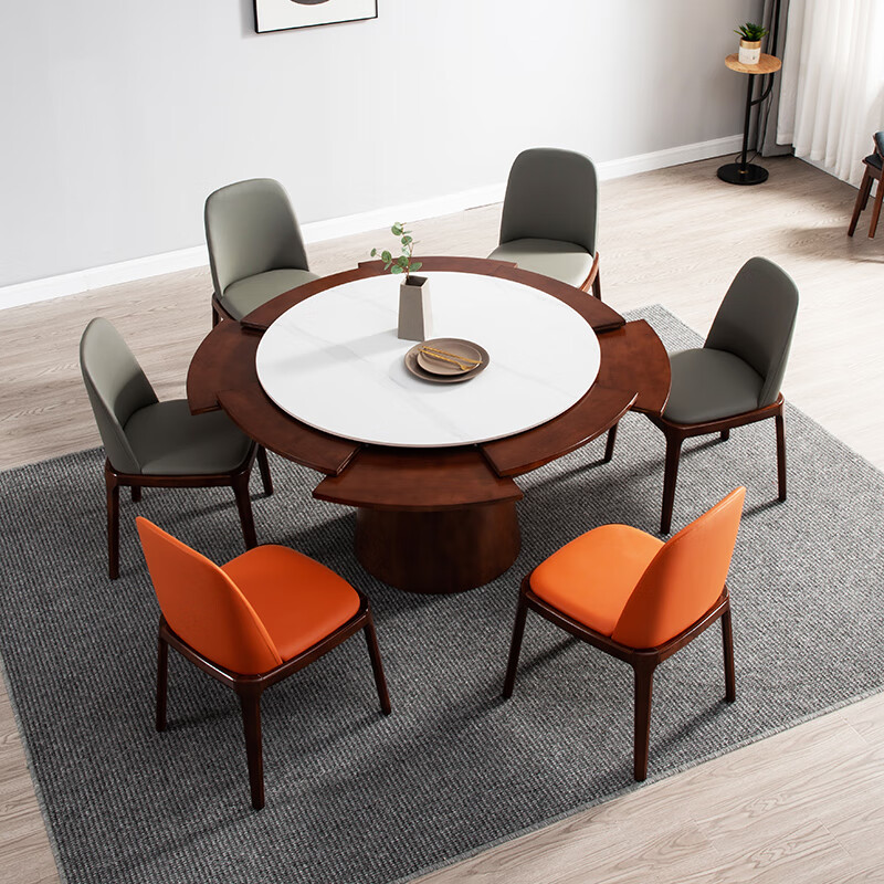 墨申折叠圆餐桌岩板餐桌可扩大伸缩旋转圆桌多功能餐桌变圆桌家用酒店