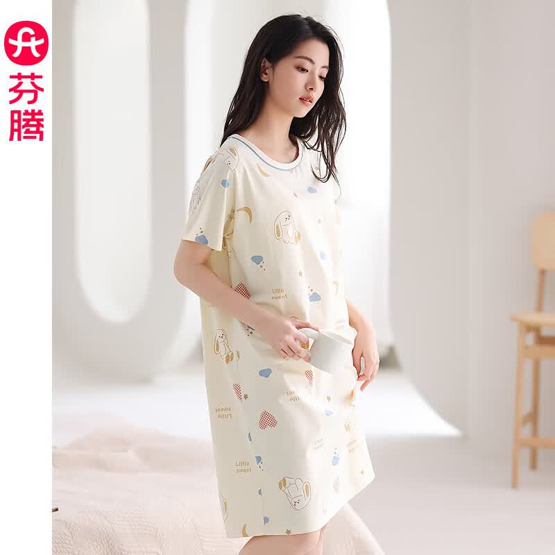 芬腾睡裙女夏季新款纯棉中长裙甜美可爱短袖薄款全棉大码睡衣裙 FX25290102浅杏 M 建议:90-110斤