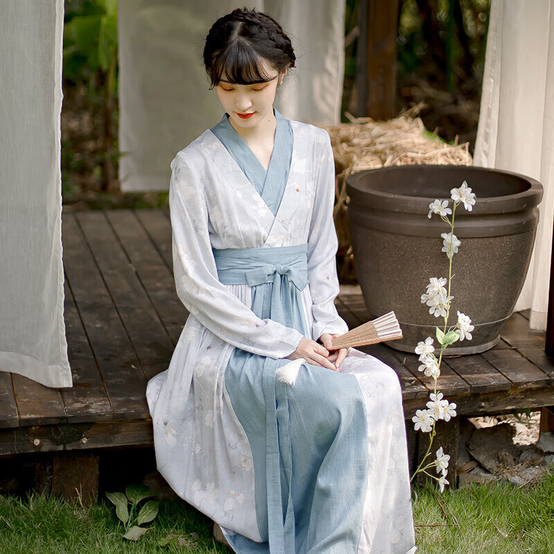 风原创复古汉元素齐腰交领古装棉麻连衣裙女茶服日常改良汉服 青衣 xl