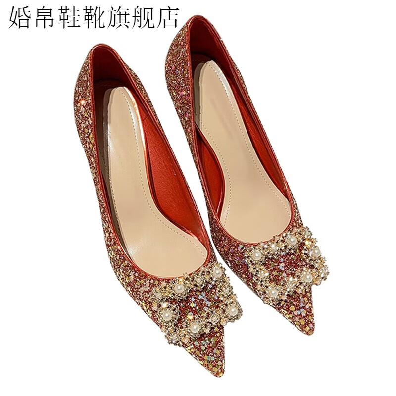 婚鞋女低跟年秋新款法式新娘鞋尖头细跟秀禾主婚纱高跟鞋 红色 8厘米