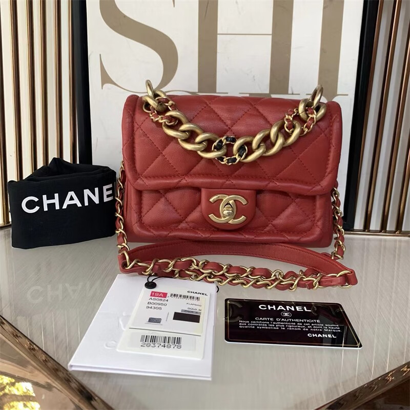 【二手99新】chanel/香奈儿 19bag 红色羊皮金链方胖子豆腐包 28开