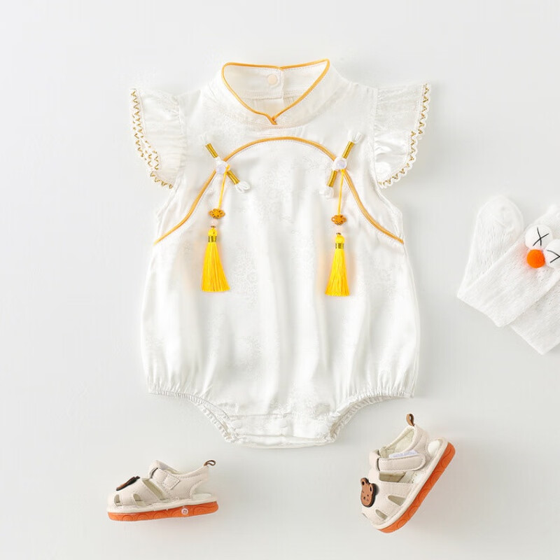 圓圓米米嬰兒衣服夏裝滿月百天包屁衣女寶寶抓周新中式漢服薄款禮服連體衣 白色 66cm