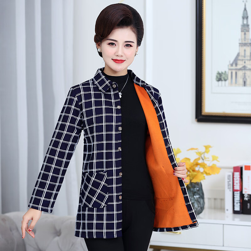 母亲衣服50岁中年妇女外套春秋中长款妈妈秋冬装加绒加厚衬衫外套中长