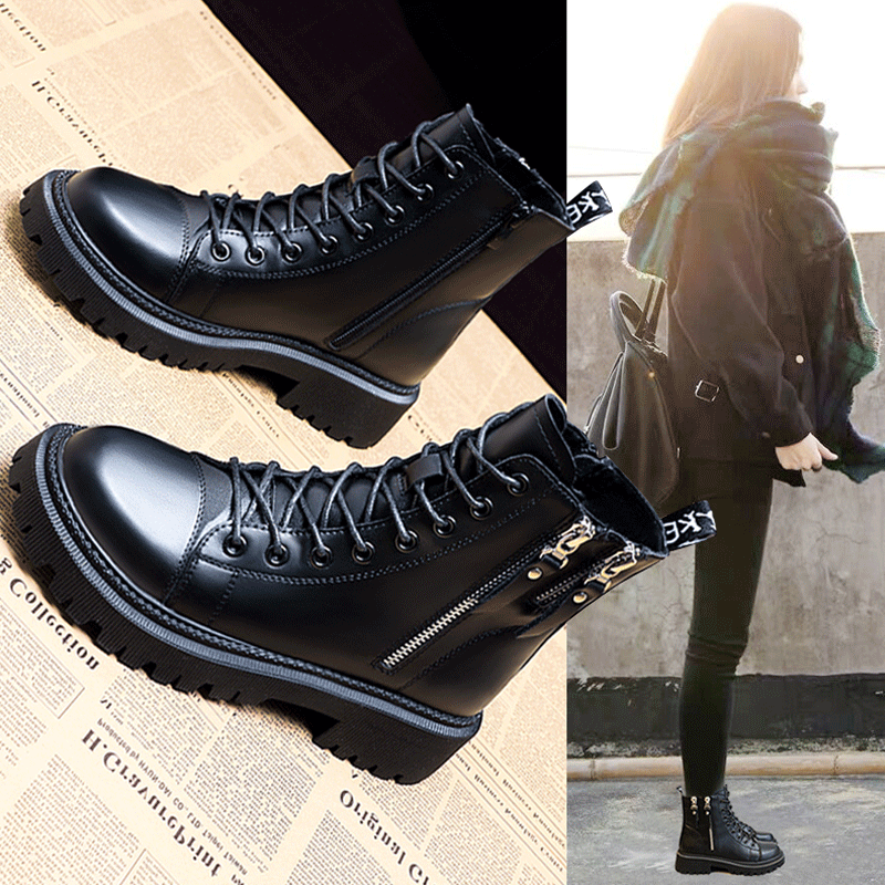 柯妮丽人马丁靴女靴子2025新款英伦风女鞋增高女士短靴系带机车女靴潮鞋子 黑色单里 36