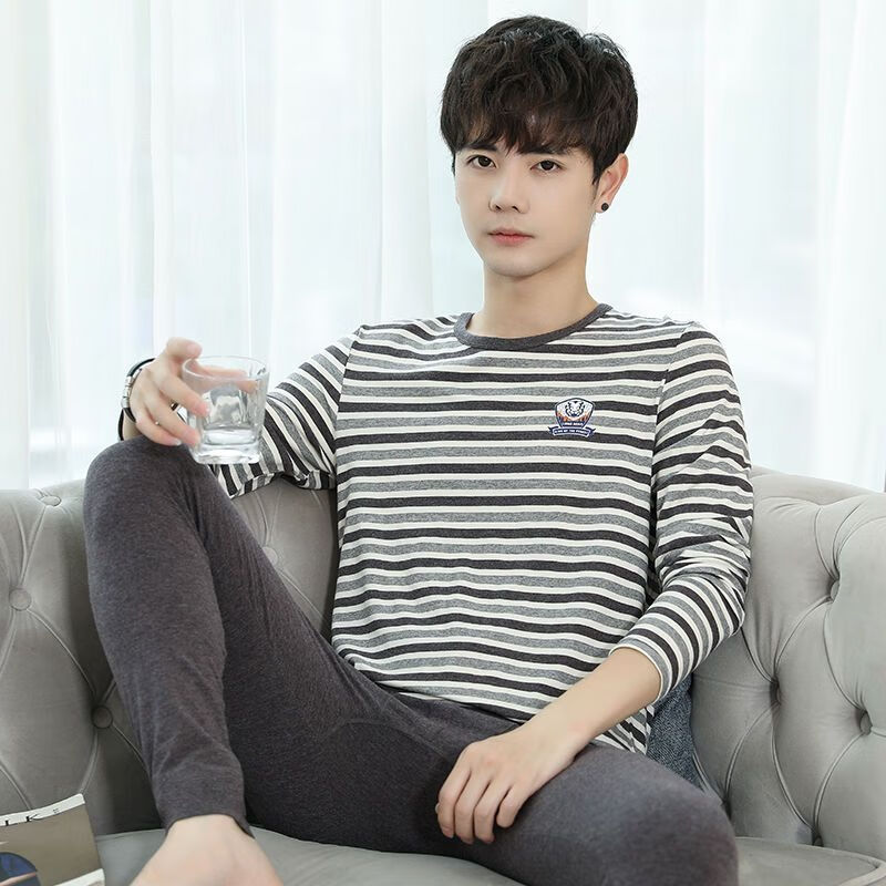 男纯棉套装弹力学生棉毛衫青少年全棉薄款保暖内衣秋冬 茶栗色条纹 m