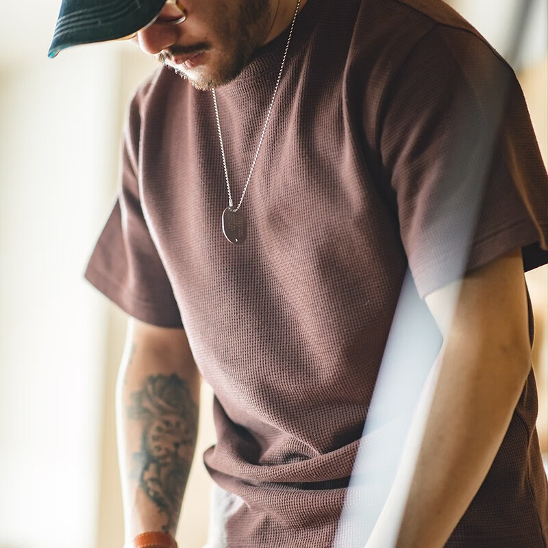 马登工装华夫格重磅t恤男美式复古老钱风正肩半袖衫男款夏季男士短袖 咖啡色 【透气体恤/2026新款潮牌/美式高街】 L (175)