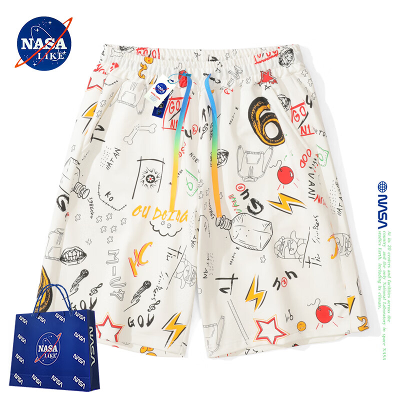 NASA LIKE官方潮牌满印涂鸦短裤男夏季休闲花五分裤沙滩大裤衩男女休闲裤子 白色 XL